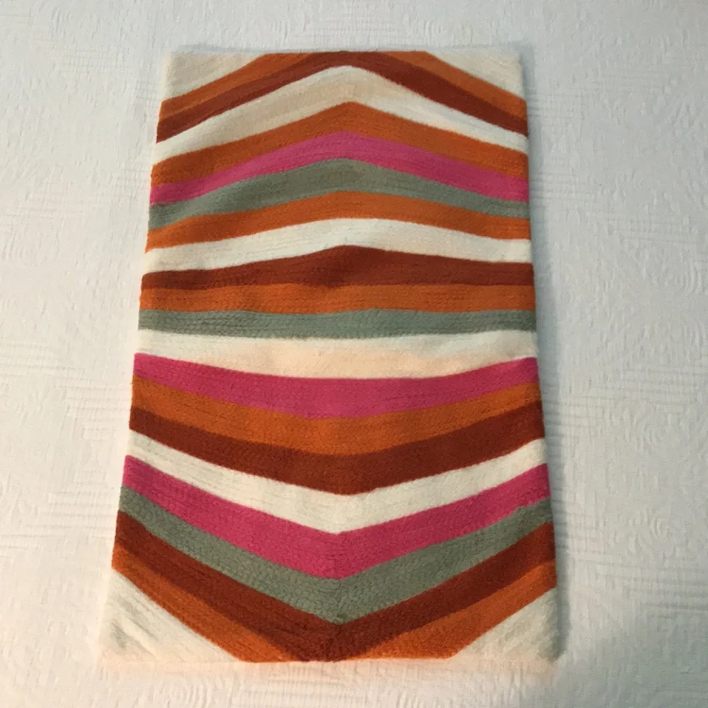 New West Elm Embroidered Striped Lumbar Pillow Cover Ivory Pink Gray Orange Rust